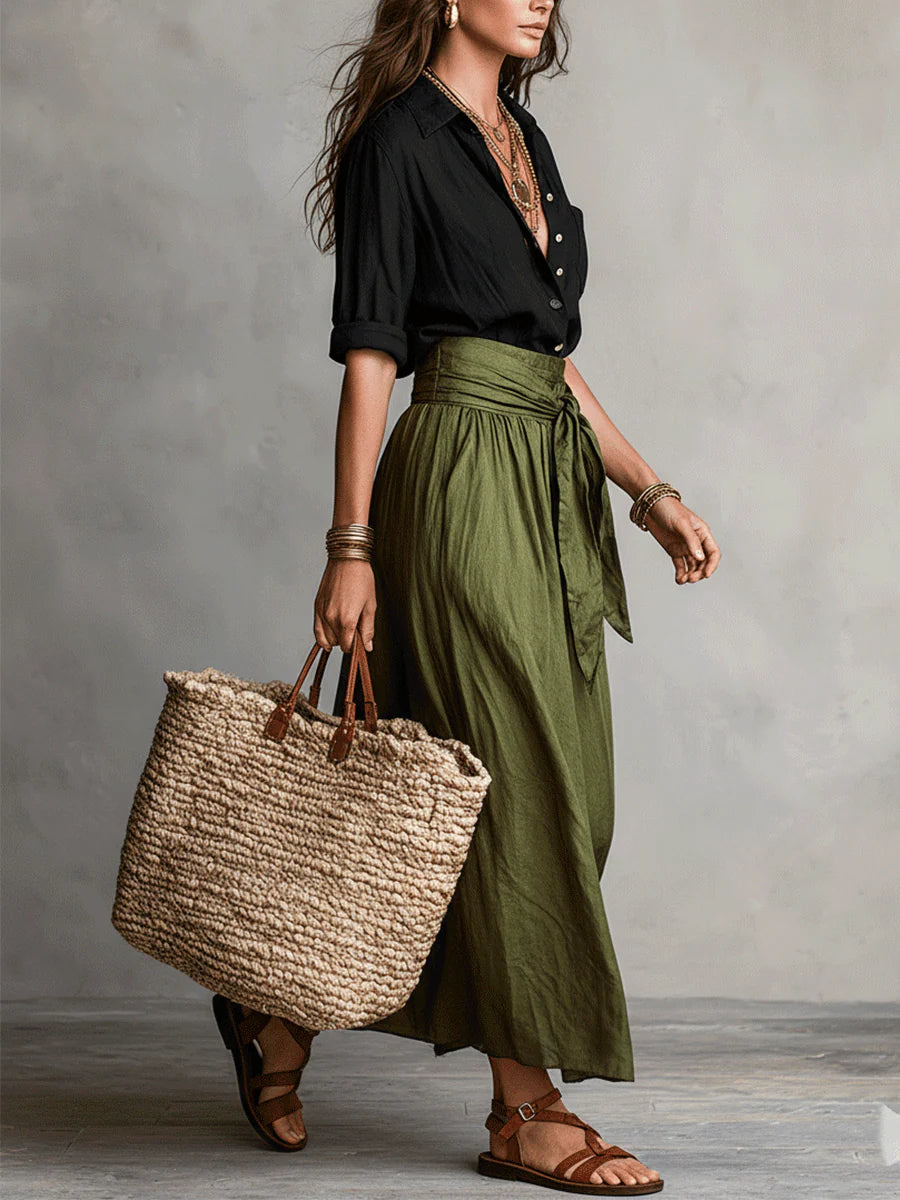 Velestína™ - Black Top & Olive Green Midi Skirt Duo