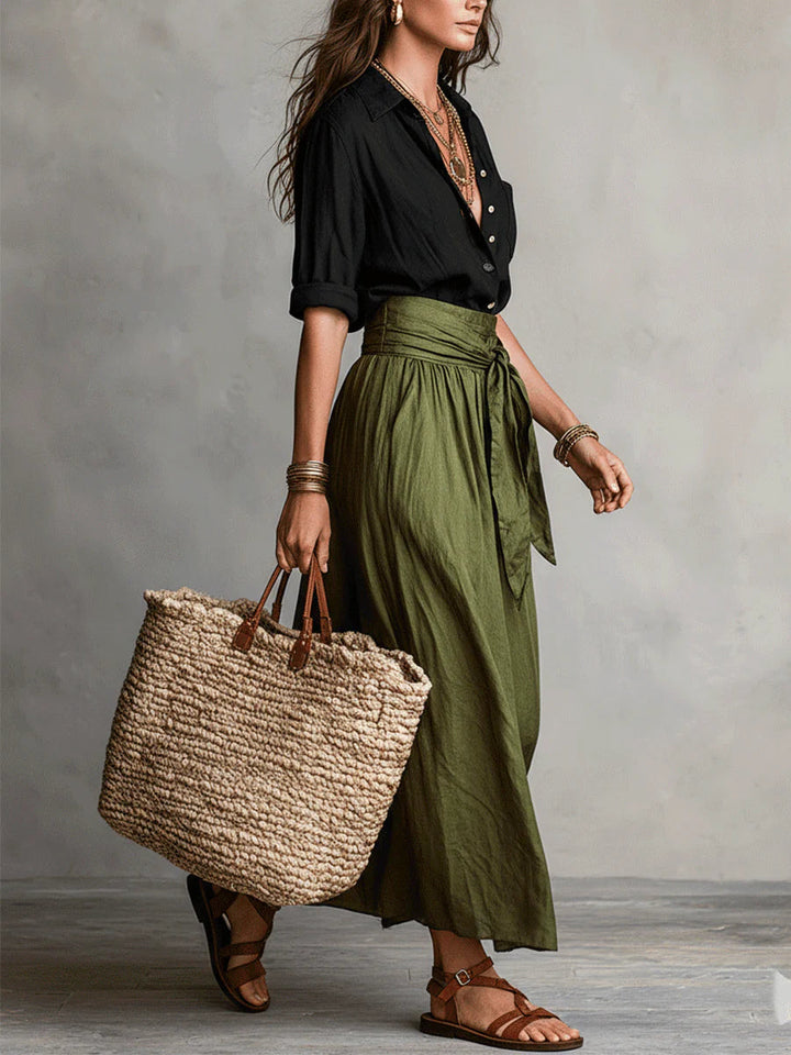 Velestína™ - Black Top & Olive Green Midi Skirt Duo