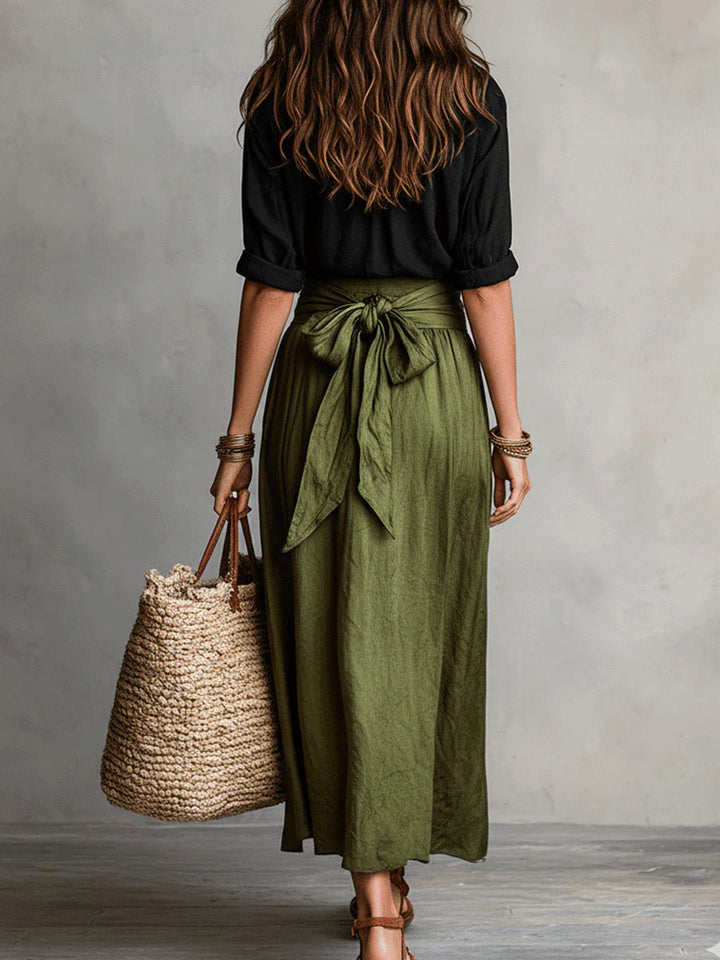 Velestína™ - Black Top & Olive Green Midi Skirt Duo