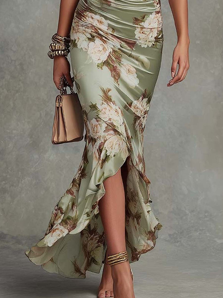 Angelica™ - Green Satin Floral Puff Sleeve Dress