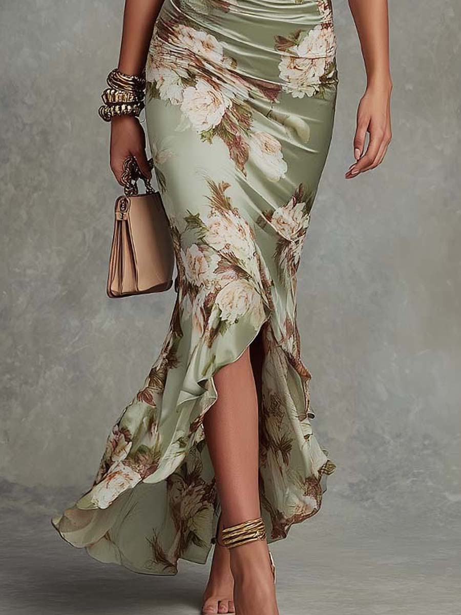 Anna | Green Satin Asymmetrical Long Dress with V-Neck, Flared Puff Sleeves, and Floral Print