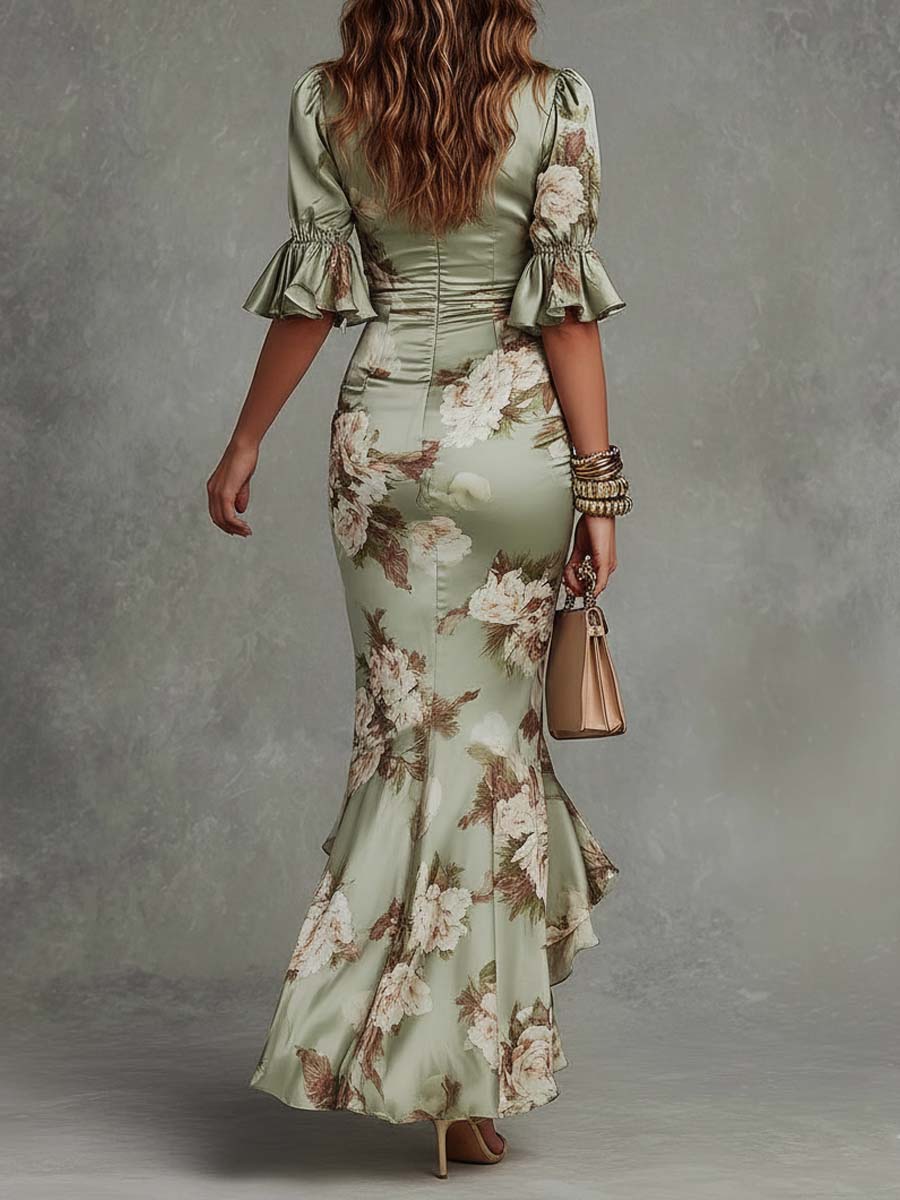 Angelica™ - Green Satin Floral Puff Sleeve Dress