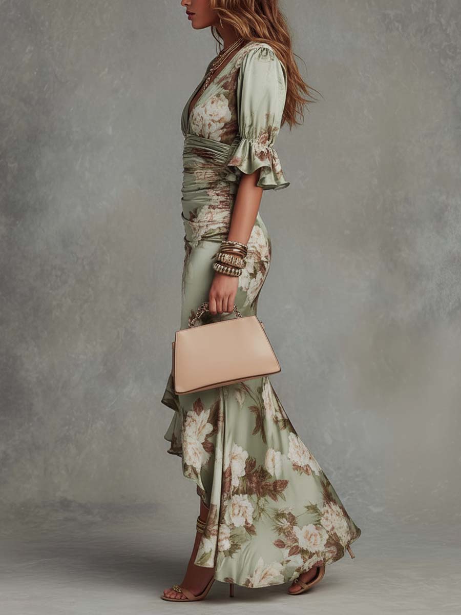 Anna - Green Satin Asymmetrical Long Dress with V-Neck, Flared Puff Sleeves, and Floral Print