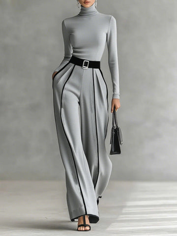 Primavera™ - Turtleneck Long Sleeve Top and Wide Leg Pants Set
