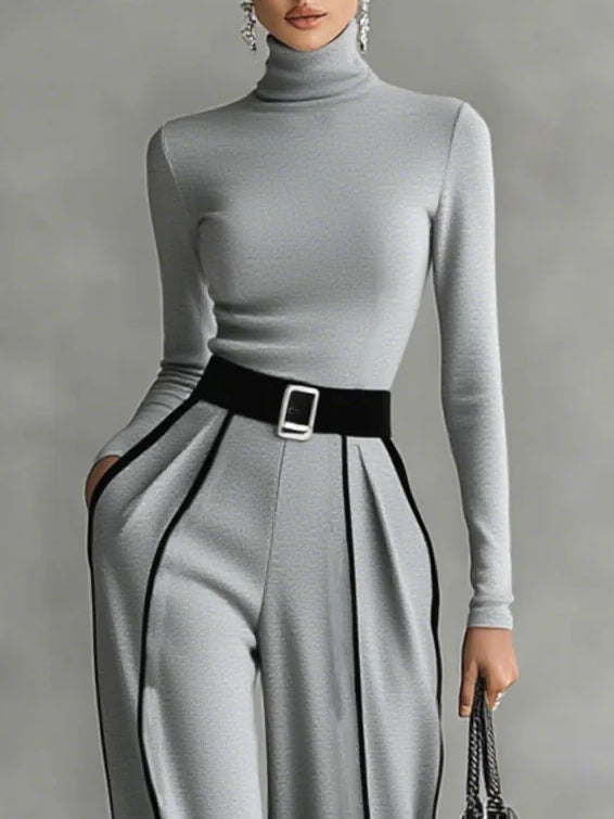 Primavera™ - Turtleneck Long Sleeve Top and Wide Leg Pants Set