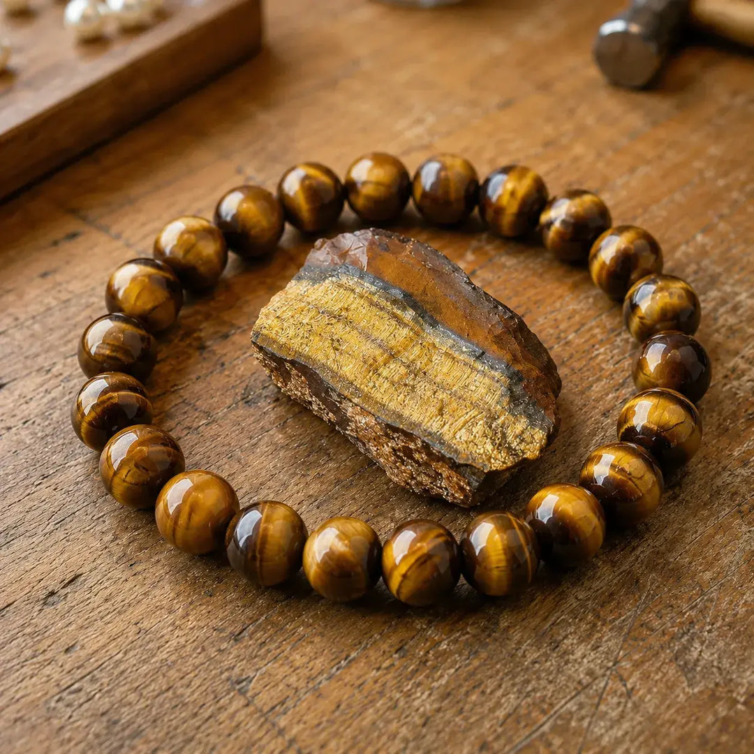 Close-up of natural yellow tiger eye gemstone healing beads
