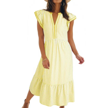 Leonora™ – Ruffled Cap Sleeves Striped Midi Dress
