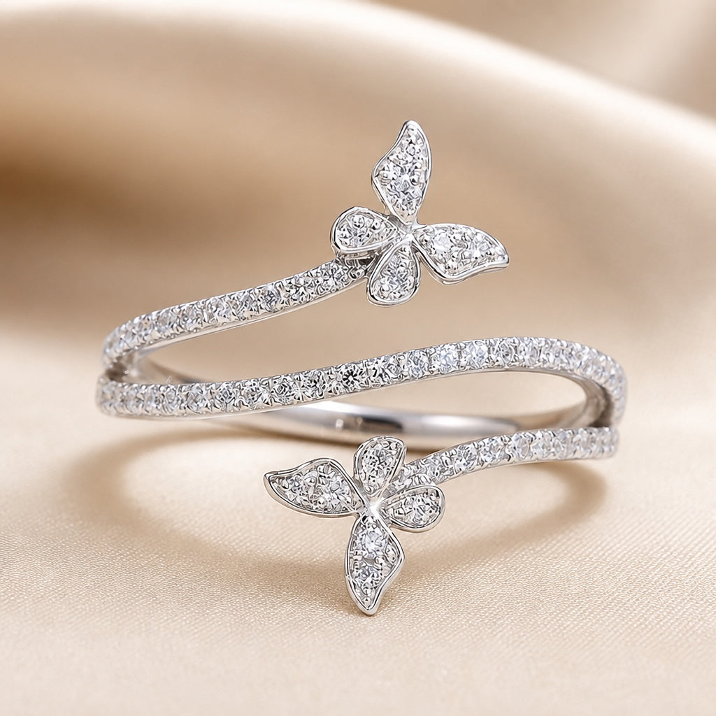 Butterfly-Embellished White Gold Ring with Zirconia Inlays