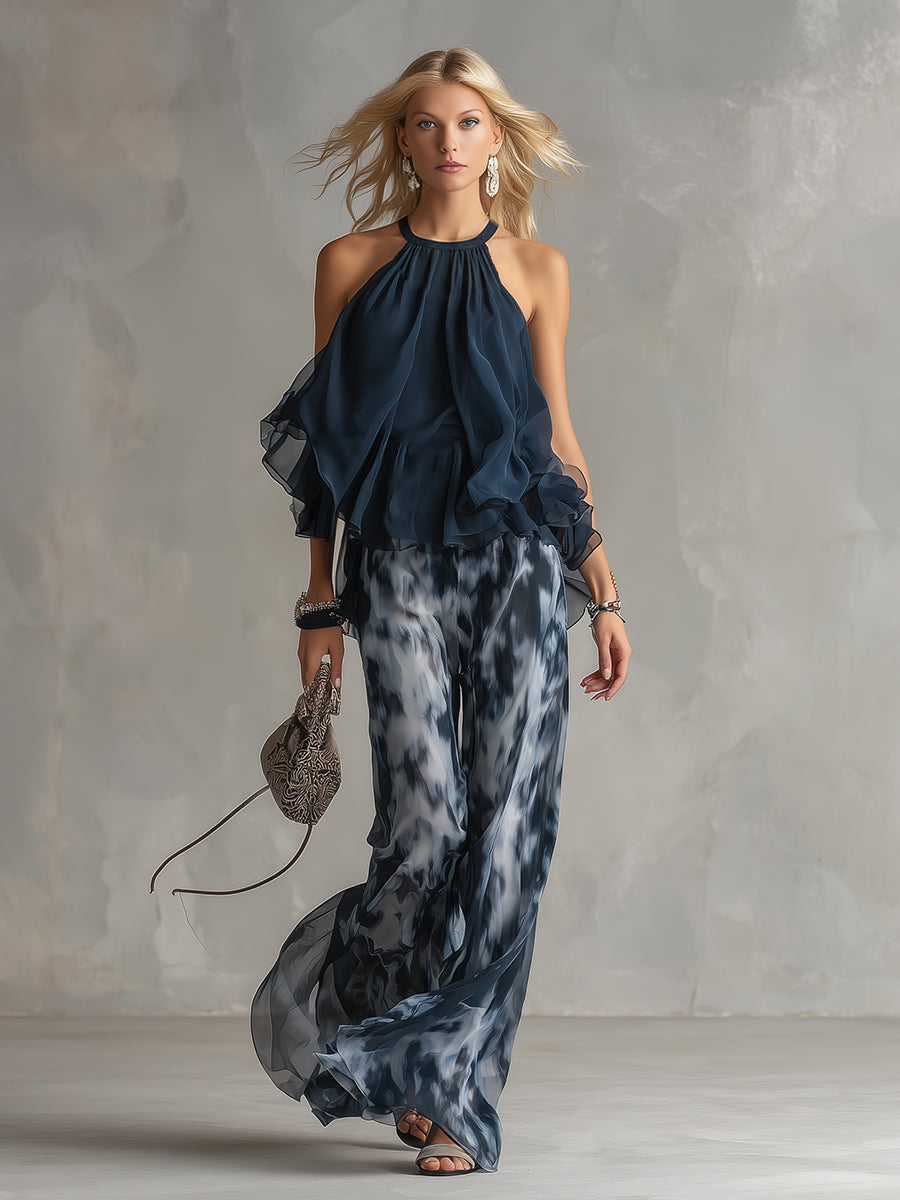 Ludovica | Chic Navy Halter Top with Wide-Leg Printed Pants Set