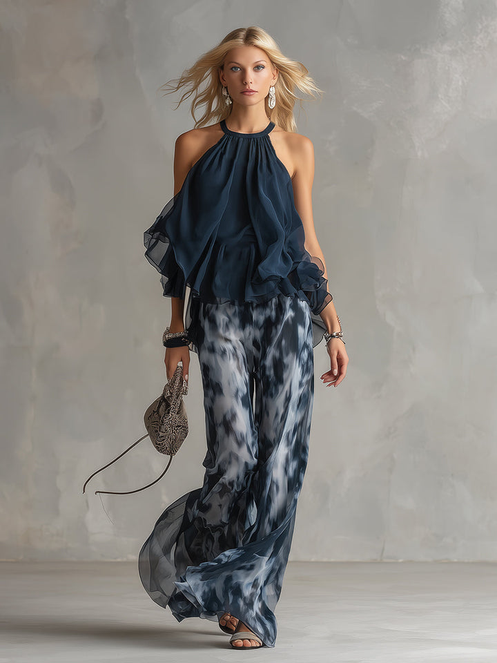 Ludovica | Chic Navy Halter Top with Wide-Leg Printed Pants Set
