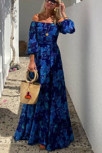 Gloria™ - Long Floral Print Dress with Off-Shoulder Sleeves