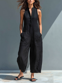 Aurelyn™ - High Collar Sleeveless Jumpsuit with Button Details