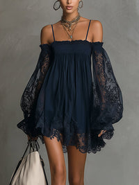 Noemi | Navy Blue Chiffon Mini Dress with Off-the-Shoulder Neckline, Lace Trim, and Sheer Sleeves