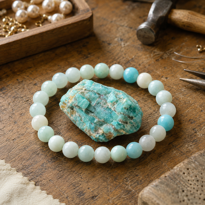 Close-up of natural amazonite gemstone healing beads