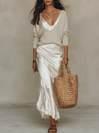 Tinaia™ - Ivory Knit and Satin Midi Set