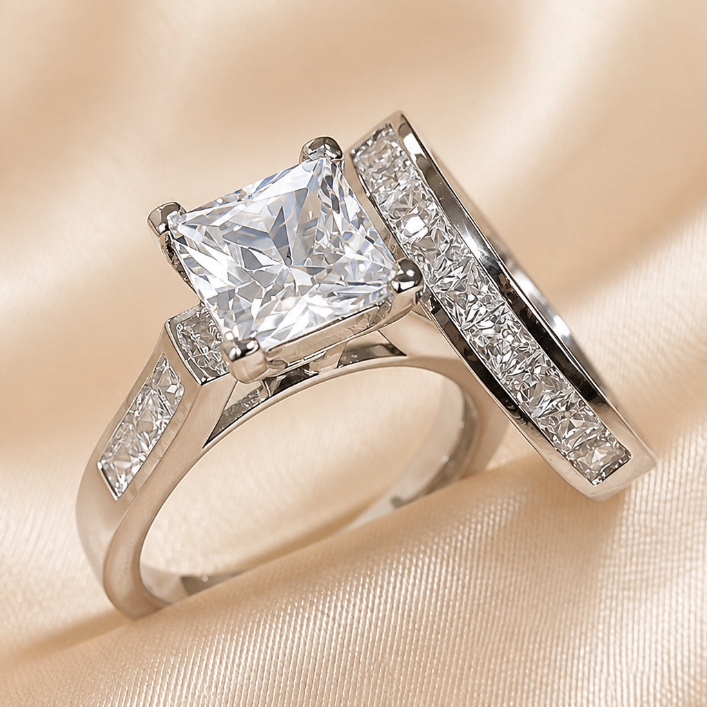 White Gold Ring Set with Square Zirconia