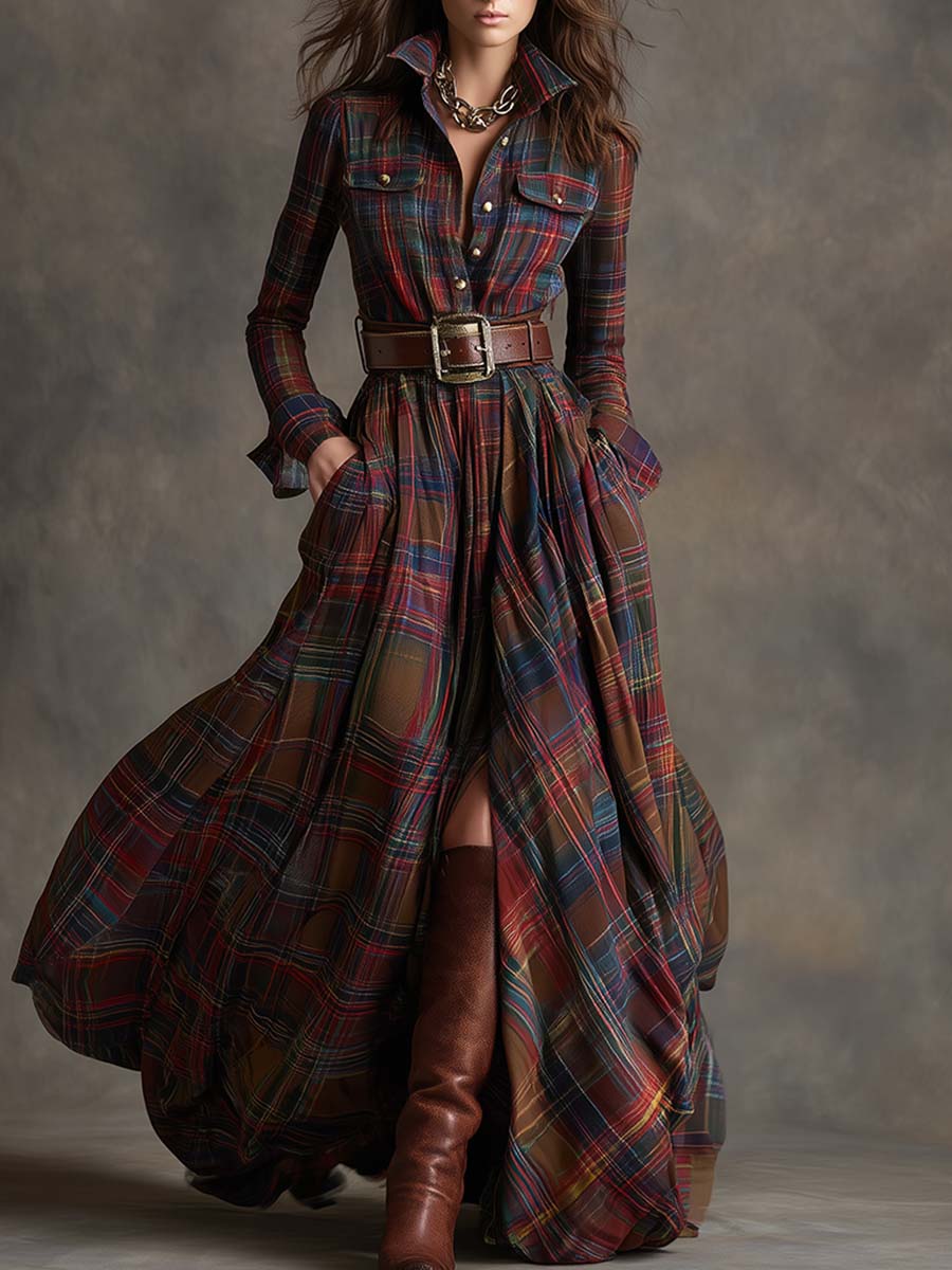 Solaria™ - Plaid Maxi Long Sleeves Dress with Belt