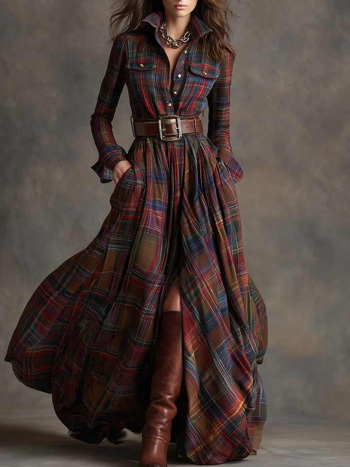 Solaria™ - Plaid Maxi Long Sleeves Dress with Belt