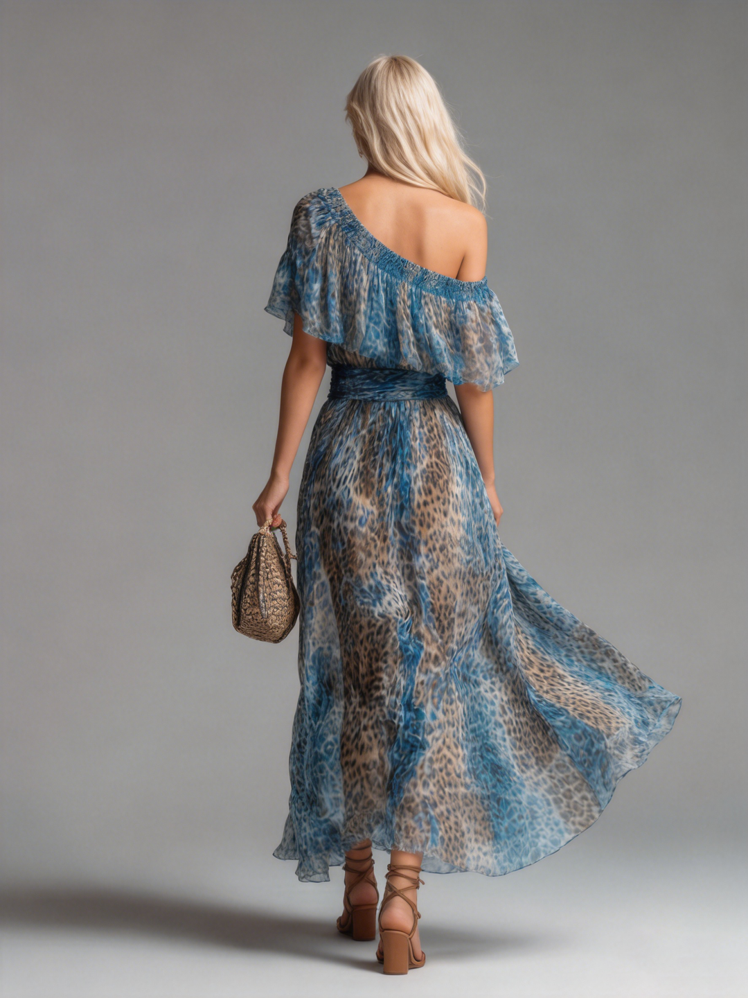 Wild - Leopard Print Chiffon Maxi Dress with Off-the-Shoulder Design
