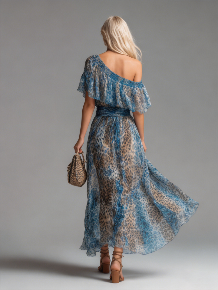 Wild - Leopard Print Chiffon Maxi Dress with Off-the-Shoulder Design