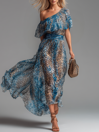 Thalia™ - Leopard Print Chiffon Off-Shoulder Maxi Dress