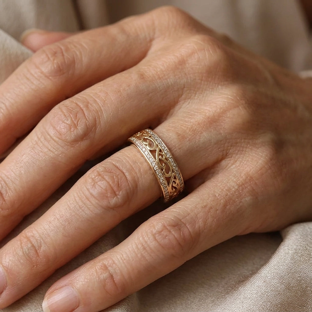 Filigree Scroll Ring with Pavé Stone Accents in Gold Tones