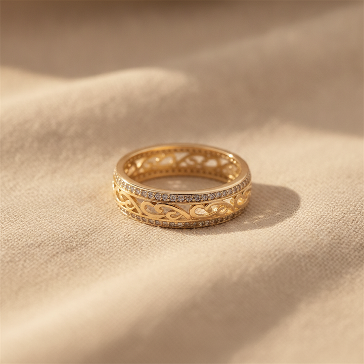 Filigree Scroll Ring with Pavé Stone Accents in Gold Tones