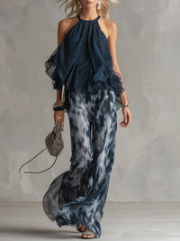 Astrid™ - Navy Halter Top with Wide-Leg Printed Pants Set