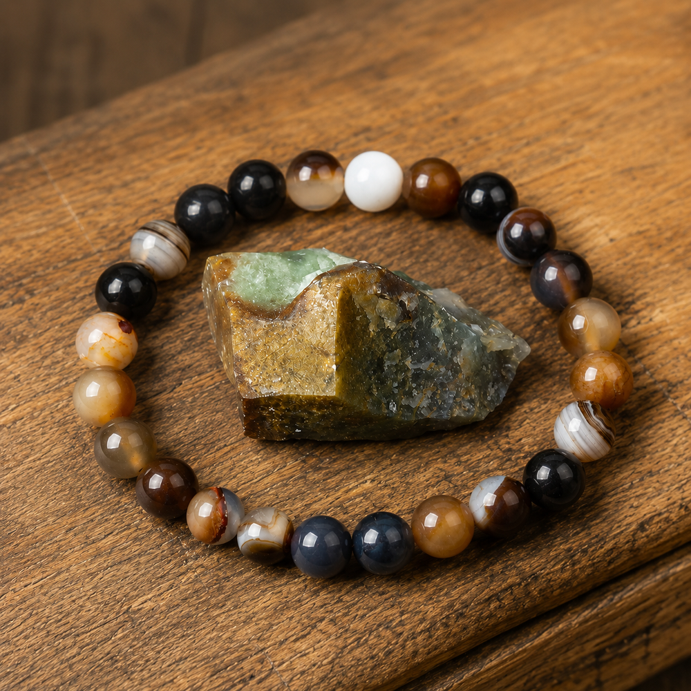 Brown agate bracelet on wrist for grounding and comfort