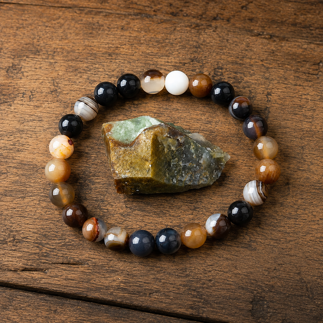 Close-up of natural brown agate gemstone healing beads