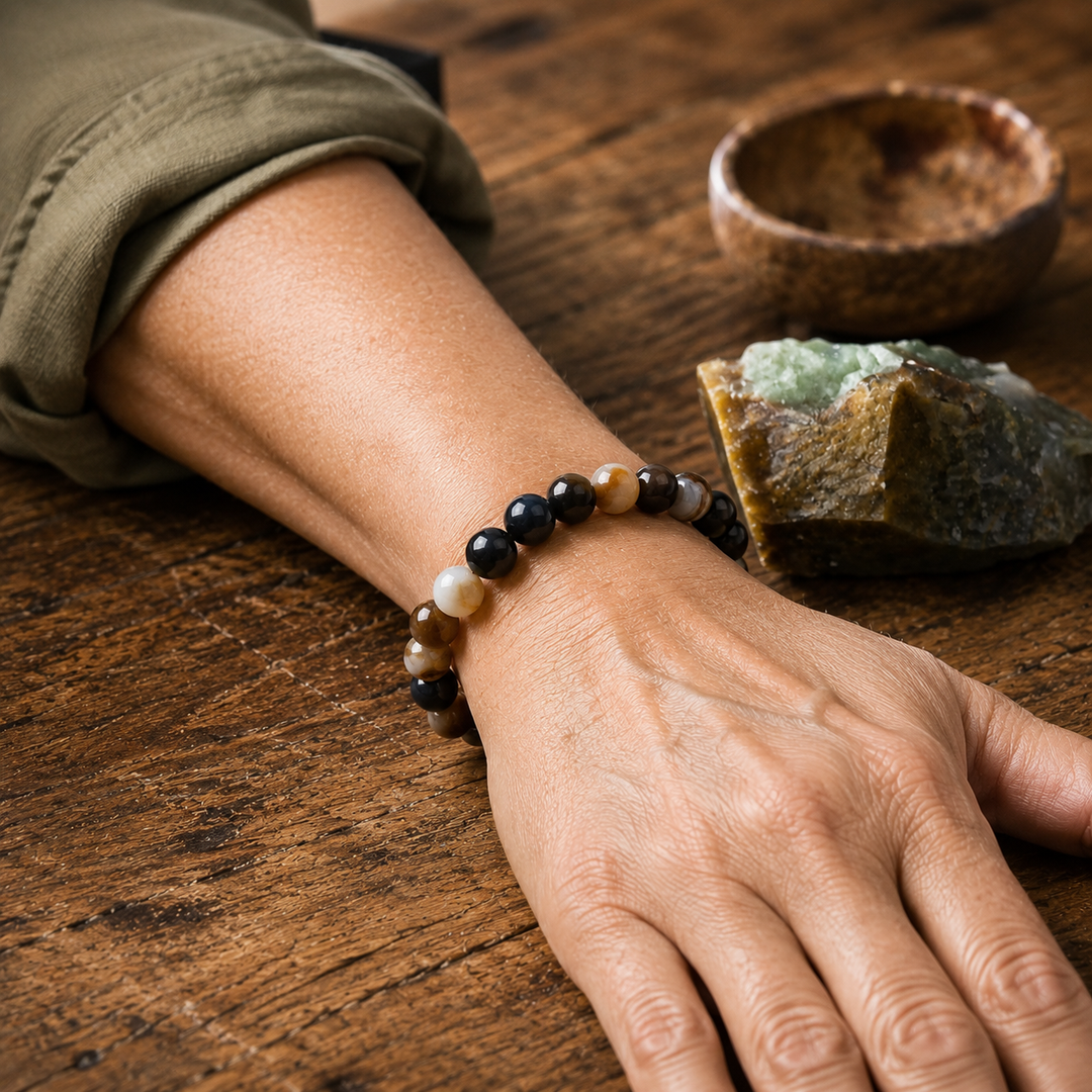 Brown agate beaded bracelet - grounding healing crystal jewelry