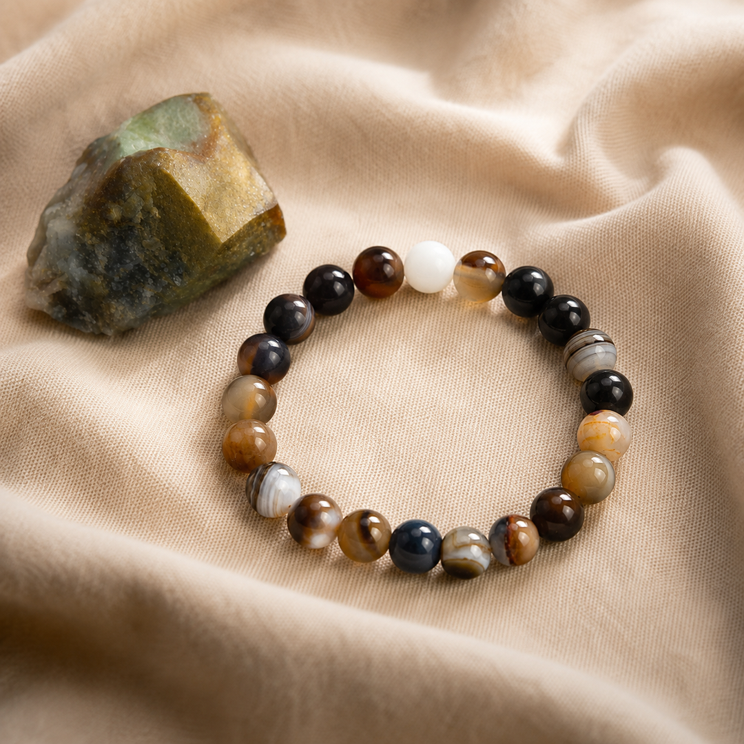 Brown agate bracelet stacked as a complete healing crystal set