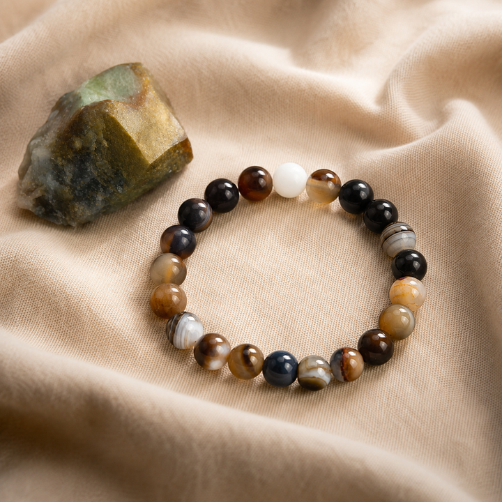 Brown agate bracelet stacked as a complete healing crystal set