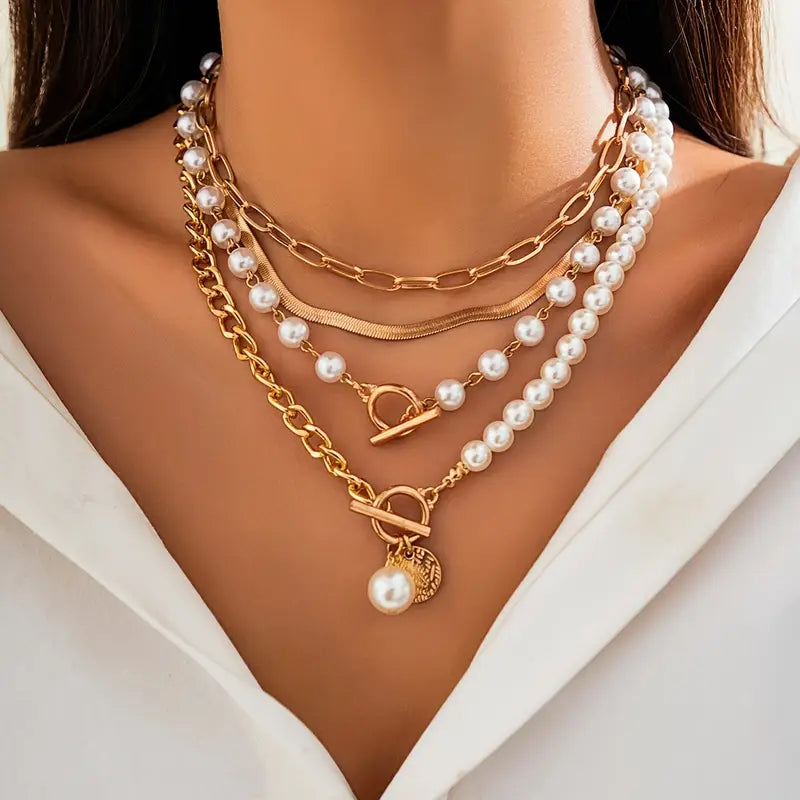 Layered Necklace Set with Modern Pearls