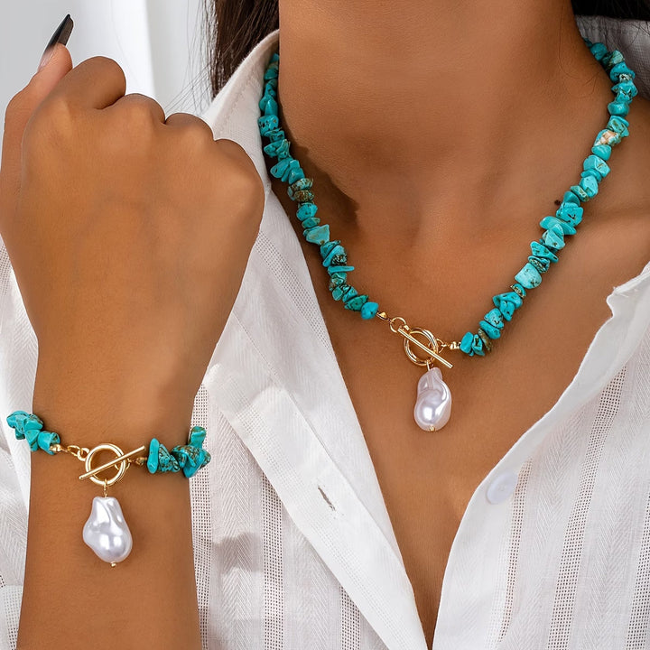 Turquoise and Pearl Necklace and Bracelet Set