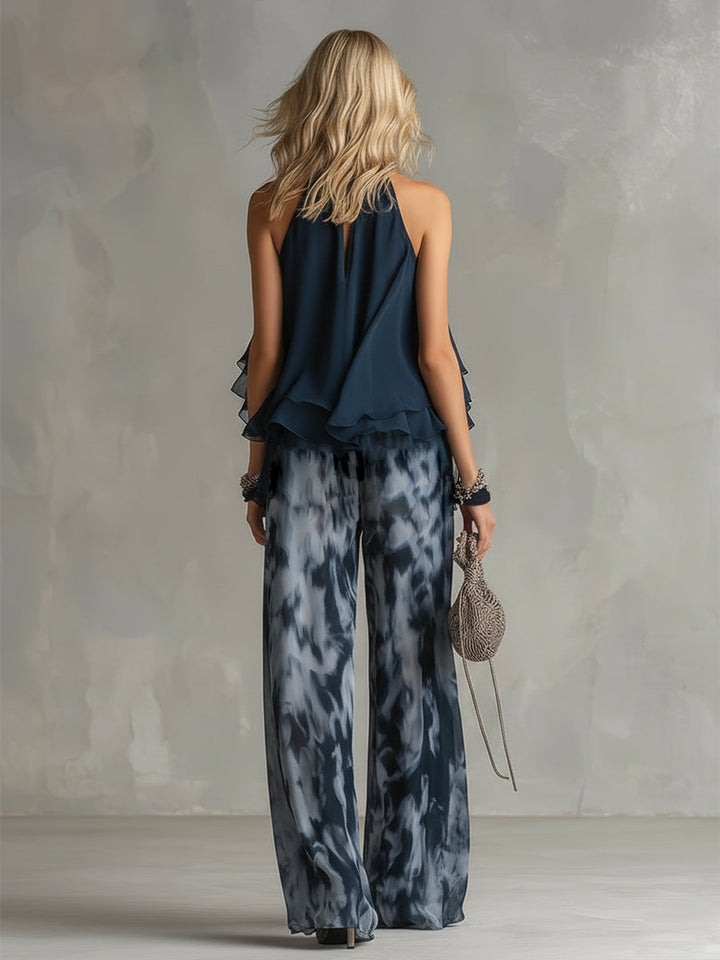 Astrid™ - Navy Halter Top with Wide-Leg Printed Pants Set