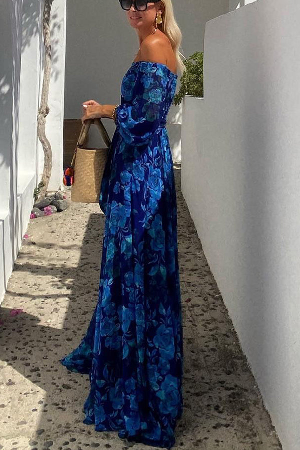 Gloria™ - Long Floral Print Dress with Off-Shoulder Sleeves