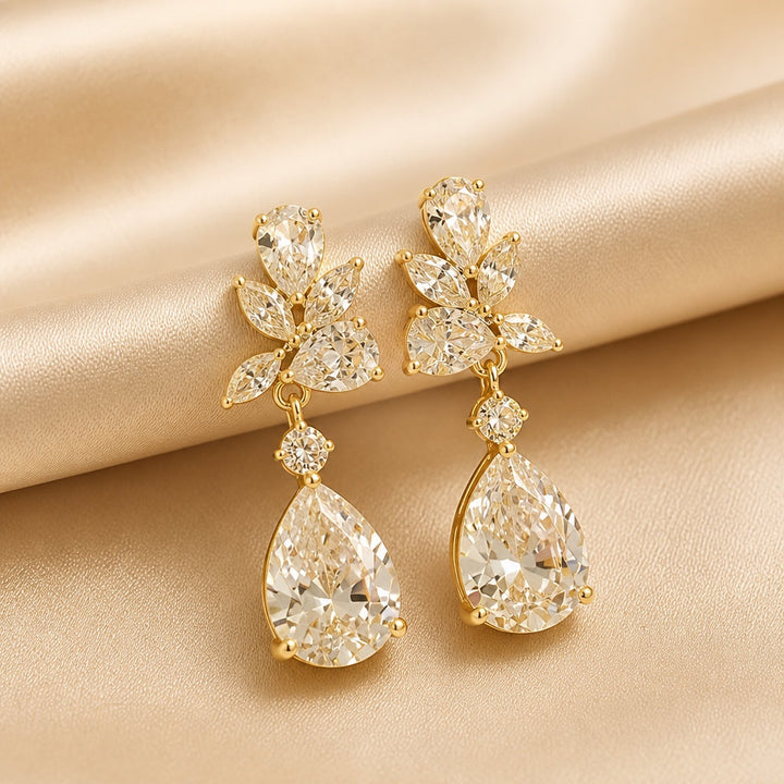 Teardrop Floral White Gold Earrings