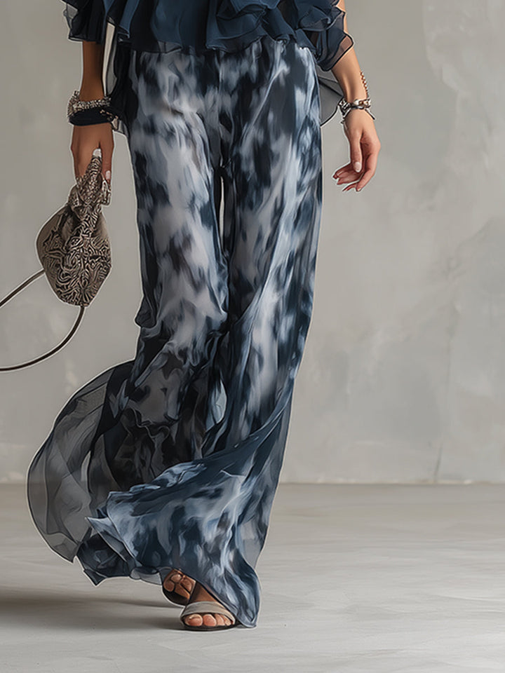 Ludovica | Chic Navy Halter Top with Wide-Leg Printed Pants Set