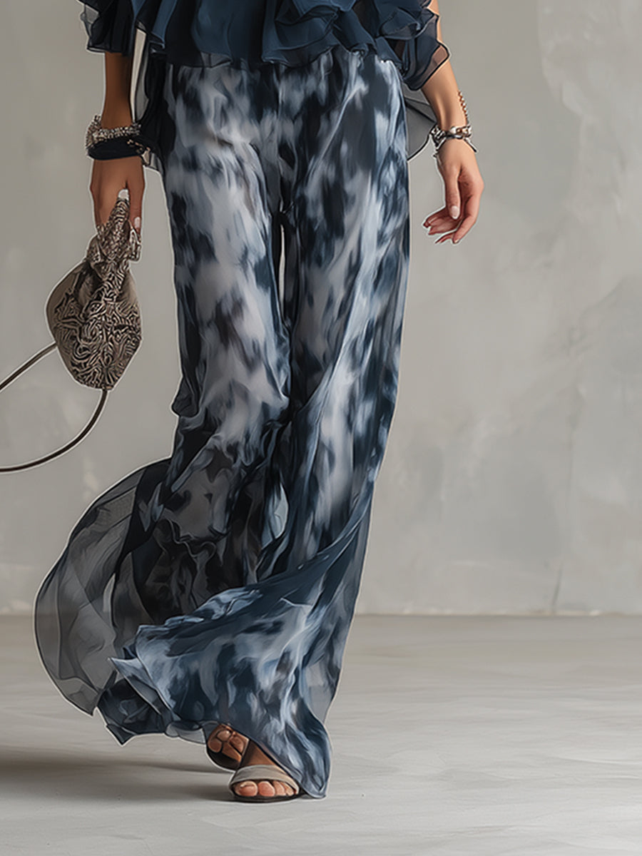 Astrid™ - Navy Halter Top with Wide-Leg Printed Pants Set
