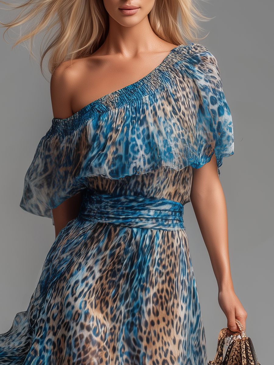 Thalia™ - Leopard Print Chiffon Off-Shoulder Maxi Dress