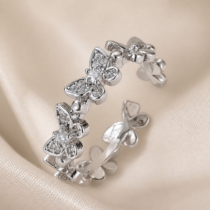 Butterfly Ring in White Gold Adorned with Rhinestones