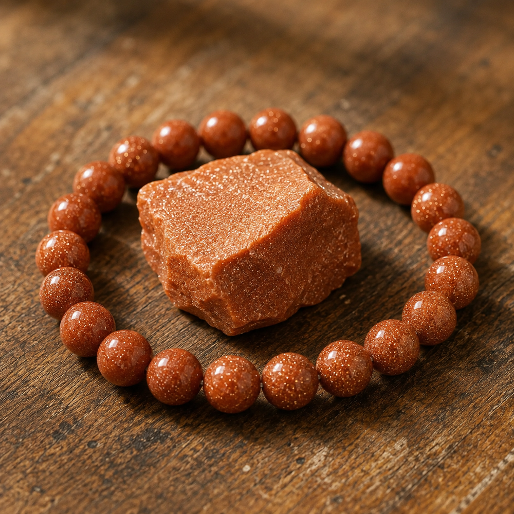 Goldstone bracelet on wrist for ambition and energy