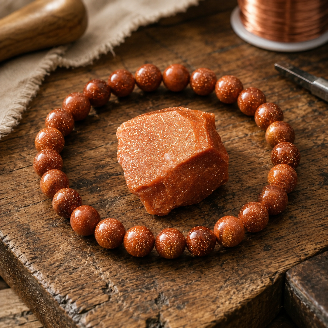 Close-up of sparkling goldstone healing beads