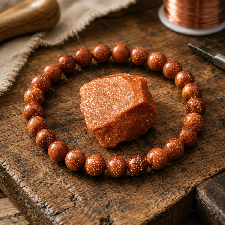 Close-up of sparkling goldstone healing beads