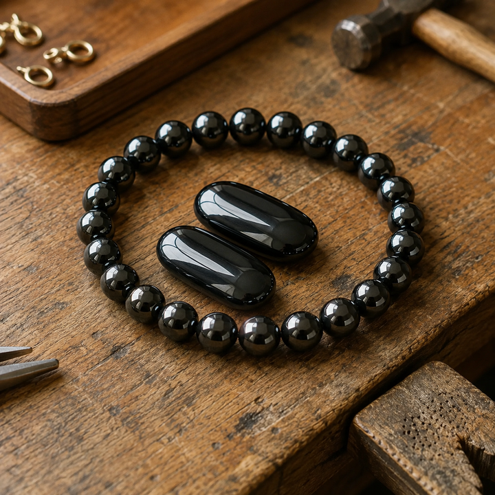 Close-up of natural hematite gemstone healing beads