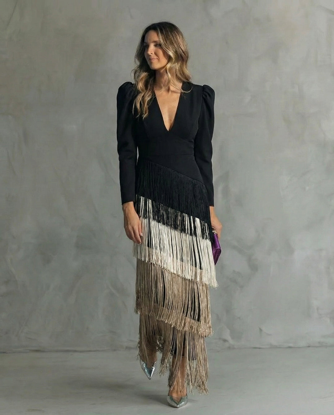 Cora™ | Elegant midi dress with fringe sleeves