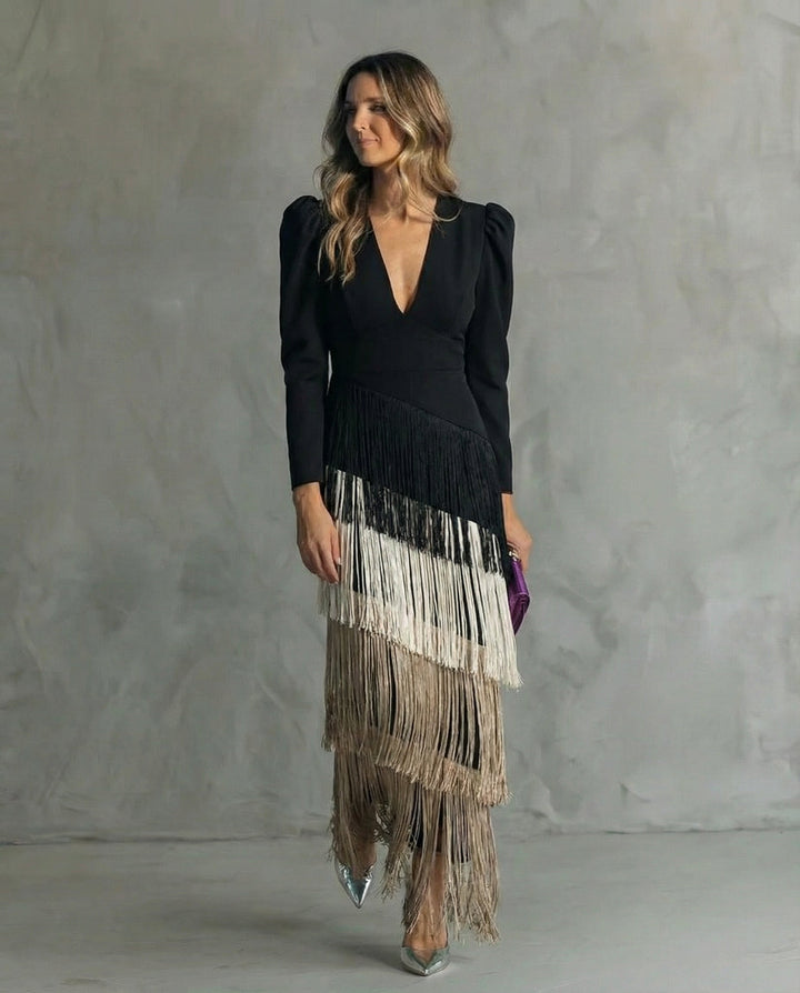Cora™ | Elegant midi dress with fringe sleeves