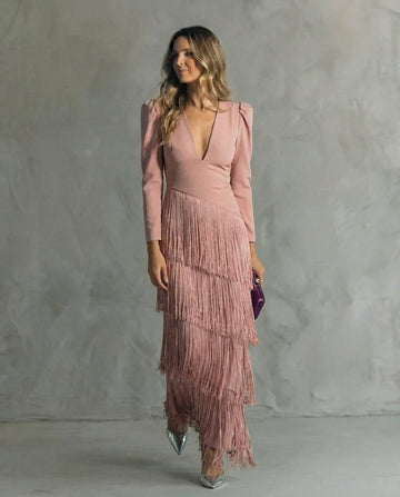Cora™ | Elegant midi dress with fringe sleeves
