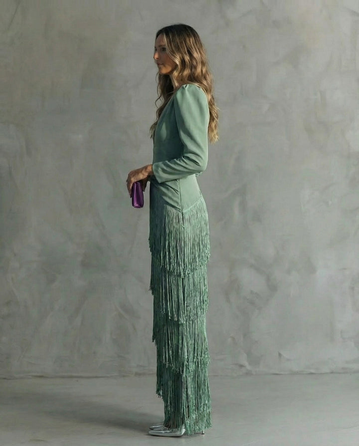 Cora™ | Elegant midi dress with fringe sleeves
